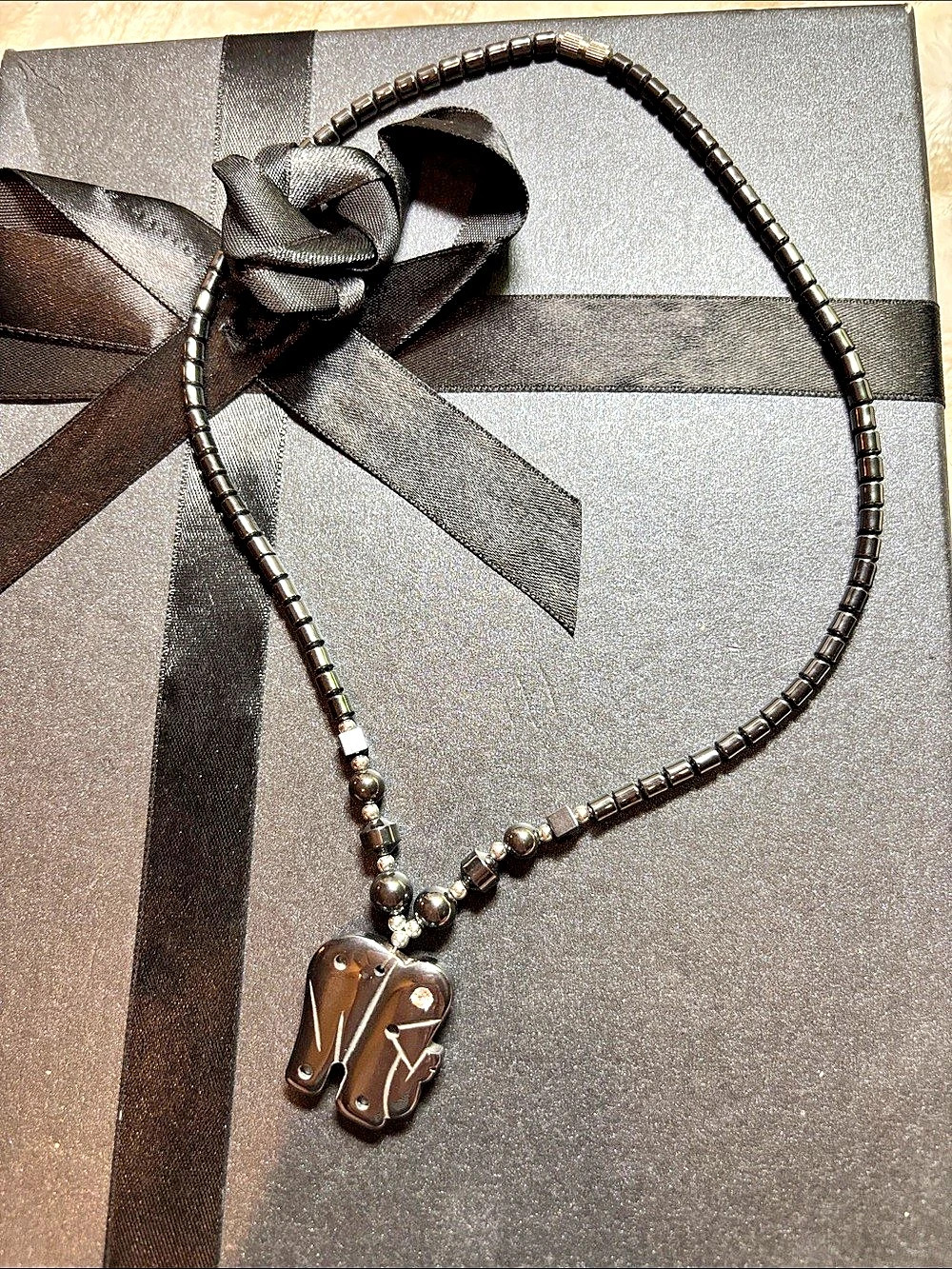 Black & Silver Hematite Elephant Pendant Necklace